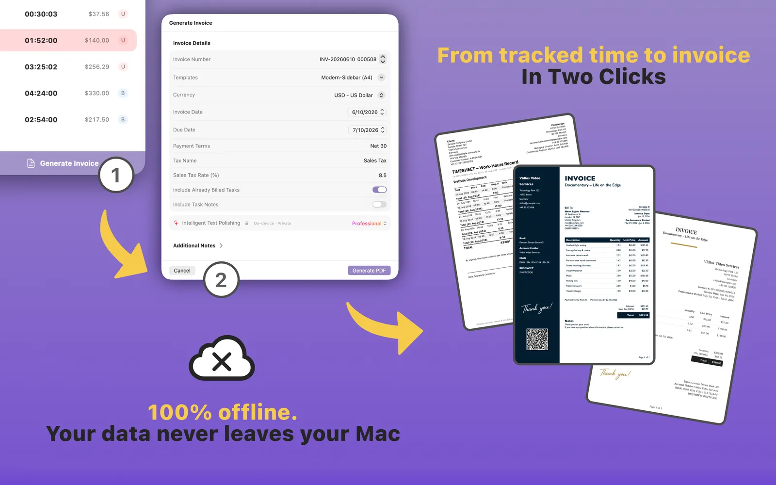 Generating a professional PDF invoice from tracked time in TimeBill in two clicks
