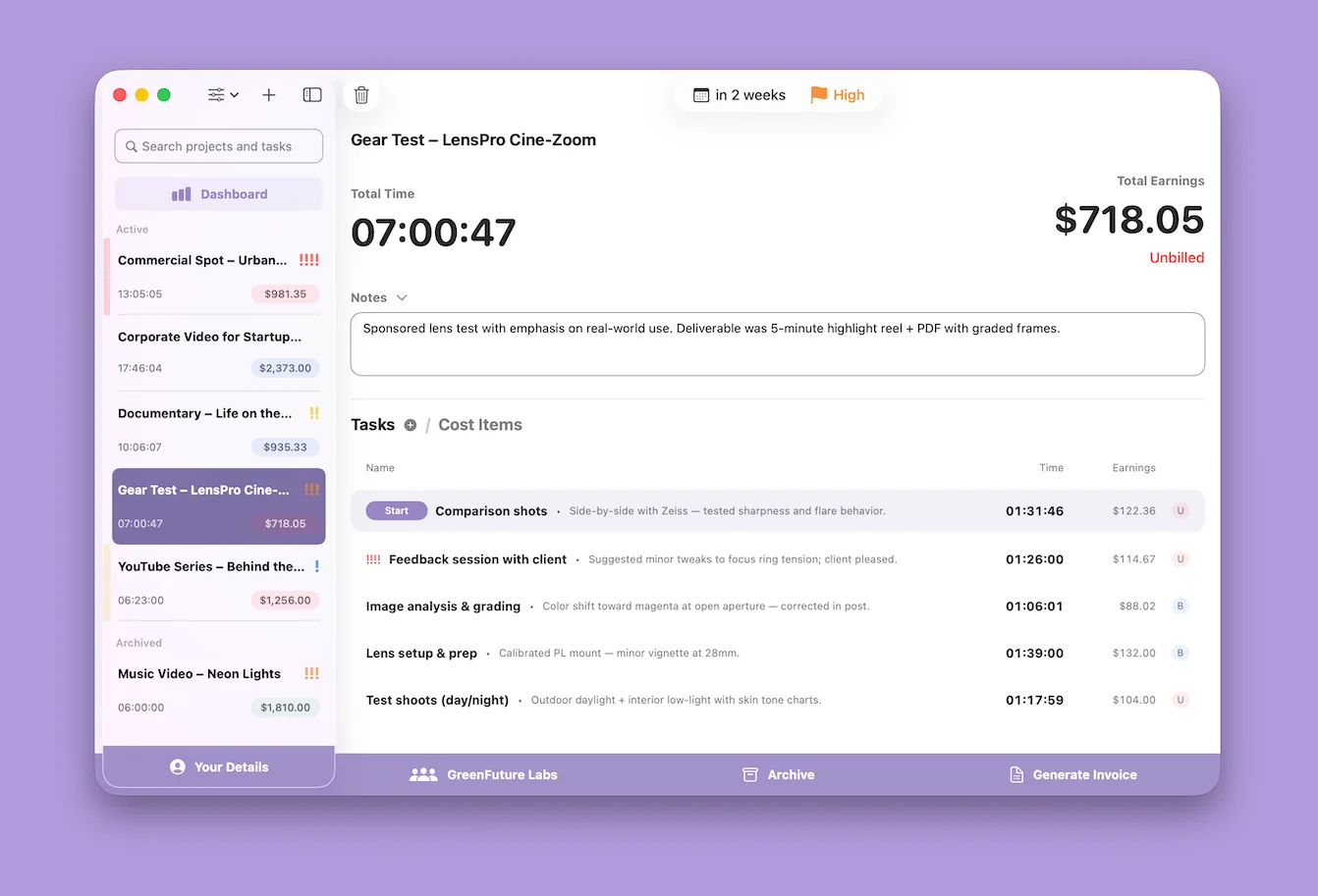 TimeBill tracking time on a project with live earnings on macOS